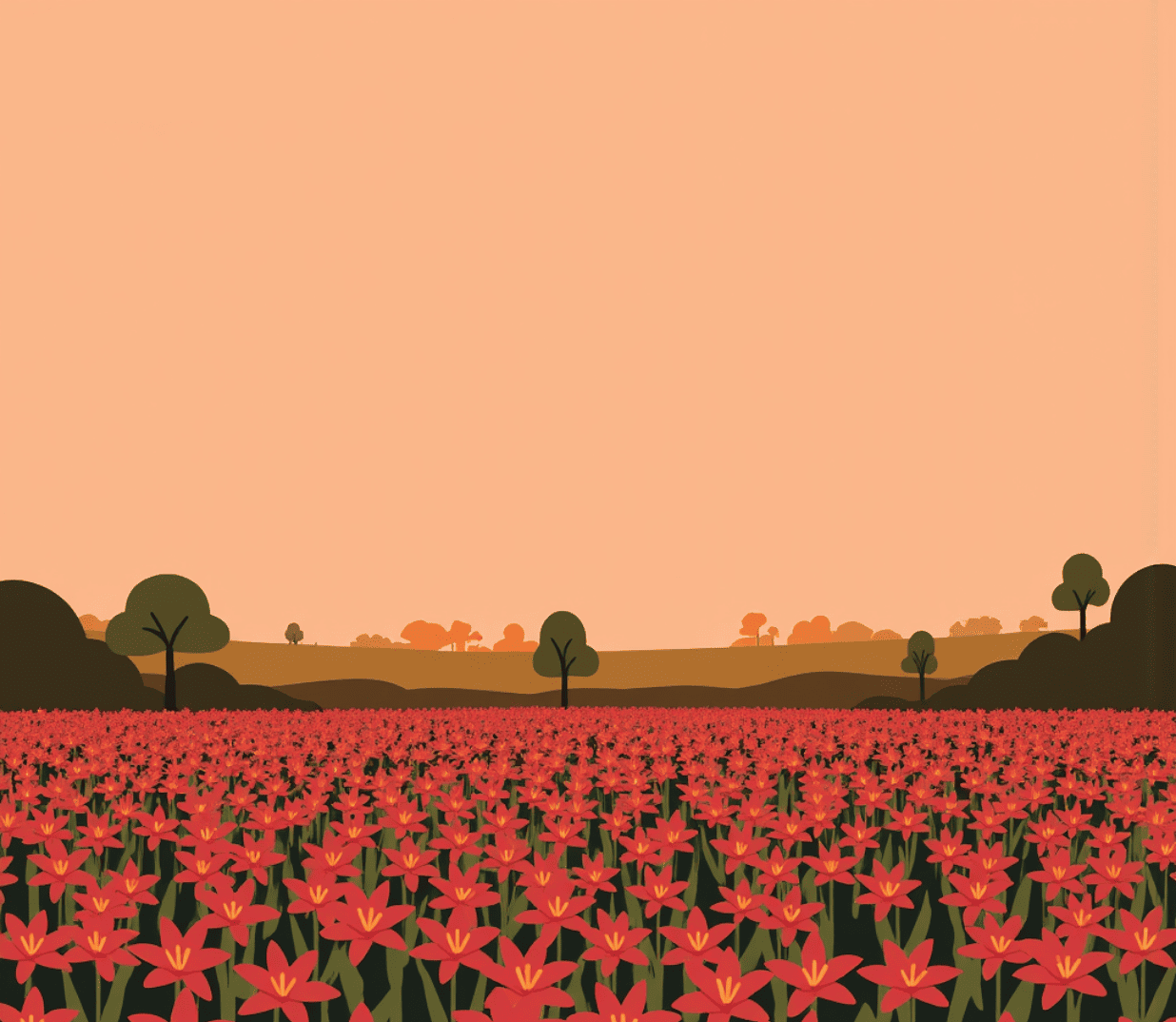 Illustration of a red flower field at sunset