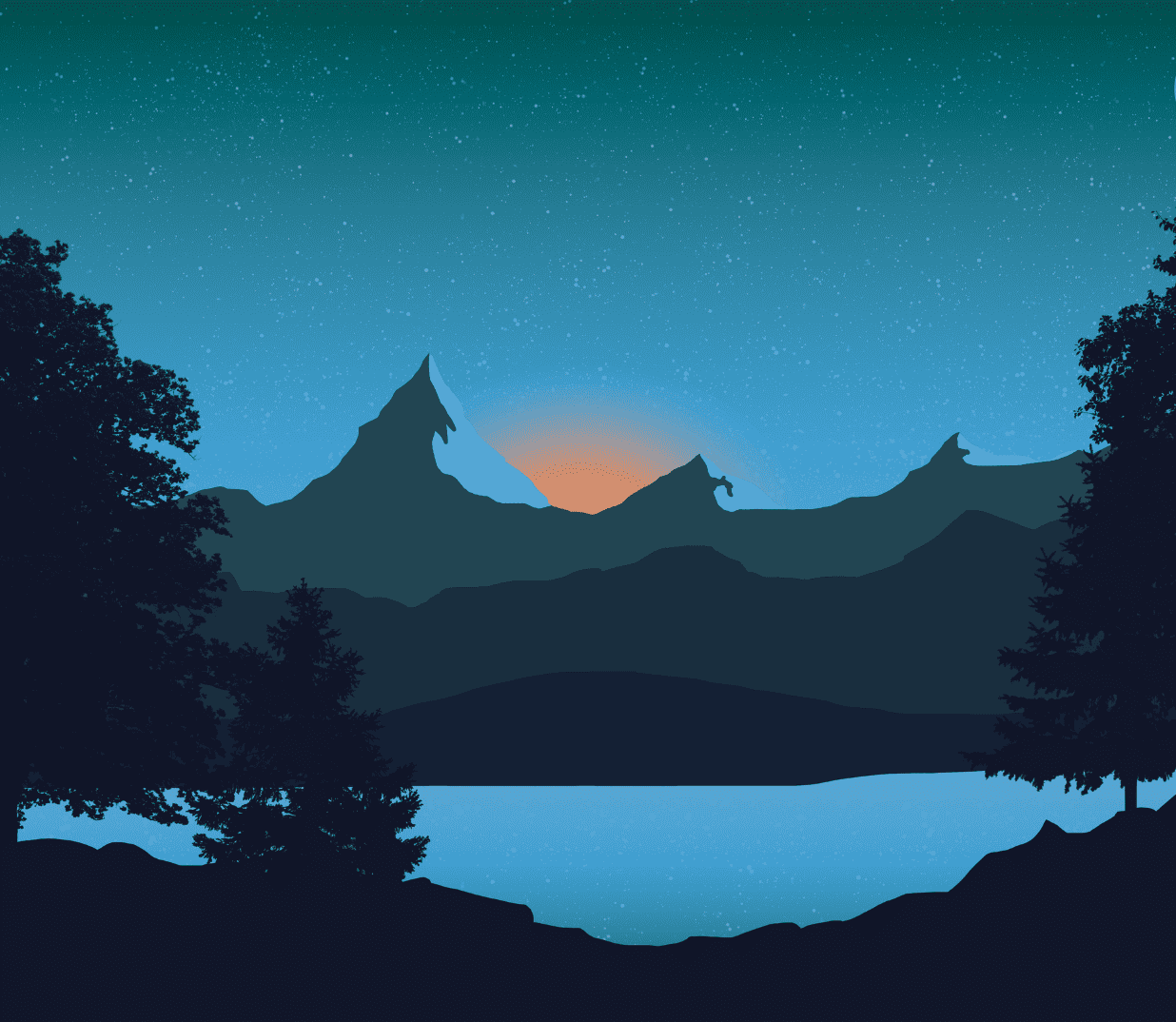 Illustration of a starry night over mountains and a lake
